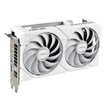 ASUS Dual Radeon™ RX 9060 XT 16GB GDDR6 White Edition product image — DUAL-RX9060XT-WHITE_top down view focus IO