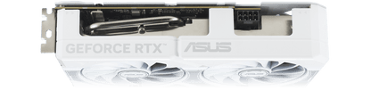 ASUS Dual GeForce RTX™ 5060 Ti 16GB GDDR7 White OC Edition product image — Angled top down view of the card ASUS Dual GeForce RTX 5060 Ti White Edition graphics card