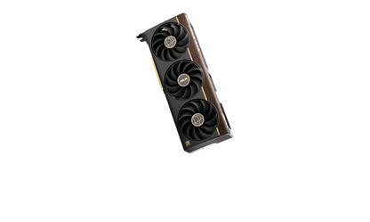 ASUS ProArt GeForce RTX™ 5080 16GB GDDR7 product image — ProArt GeForce RTX™ 5080 graphics card floating in a war color background with concrete foundation