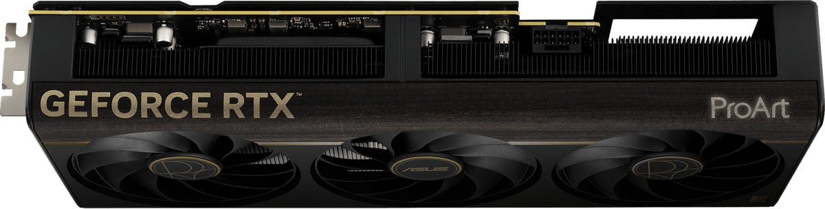 ASUS ProArt GeForce RTX™ 5080 16GB GDDR7 product image — ProArt GeForce RTX 5080 card, angled top down view showing slot design with lighting