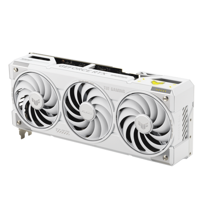 ASUS TUF Gaming GeForce RTX™ 5070 Ti 16GB GDDR7 BTF White OC Edition product image — TUF-RTX5070TI-BTF-WHITE_angled top down view focous on fans+lighting
