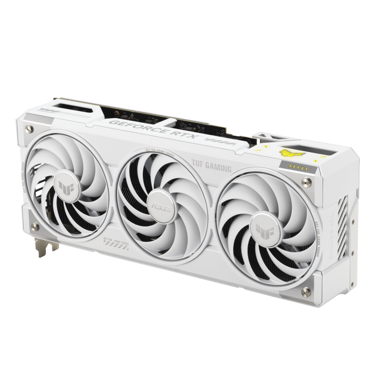 ASUS TUF Gaming GeForce RTX™ 5070 Ti 16GB GDDR7 BTF White OC Edition product image — TUF-RTX5070TI-BTF-WHITE_angled top down view focous on fans+lighting