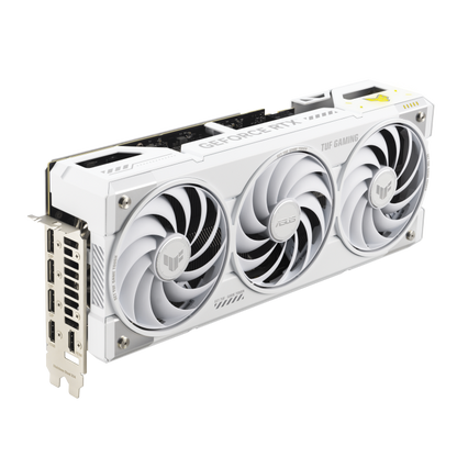 ASUS TUF Gaming GeForce RTX™ 5070 Ti 16GB GDDR7 BTF White OC Edition product image — TUF-RTX5070TI-BTF-WHITE_angled top down view focous on IO+lighting