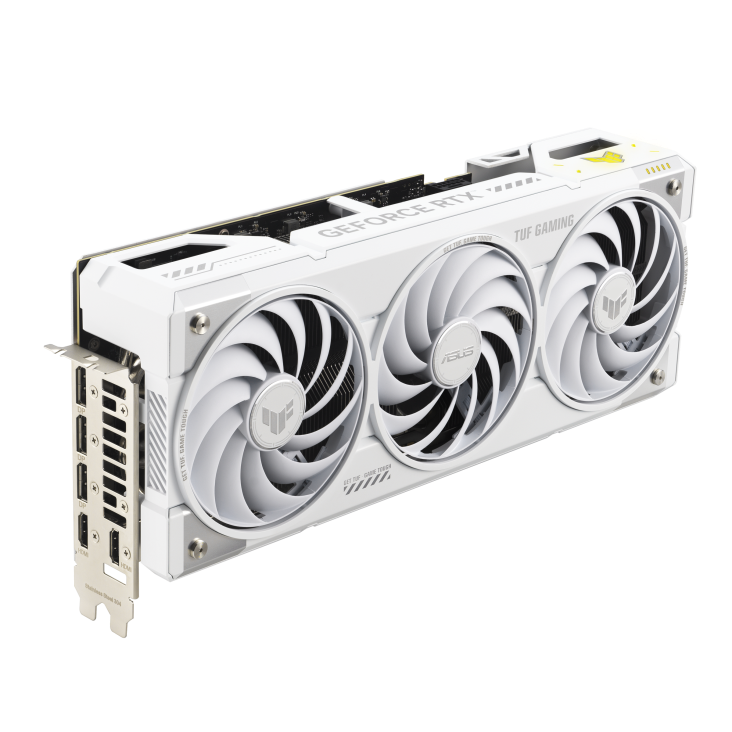 ASUS TUF Gaming GeForce RTX™ 5070 Ti 16GB GDDR7 BTF White OC Edition product image — TUF-RTX5070TI-BTF-WHITE_angled top down view focous on IO+lighting